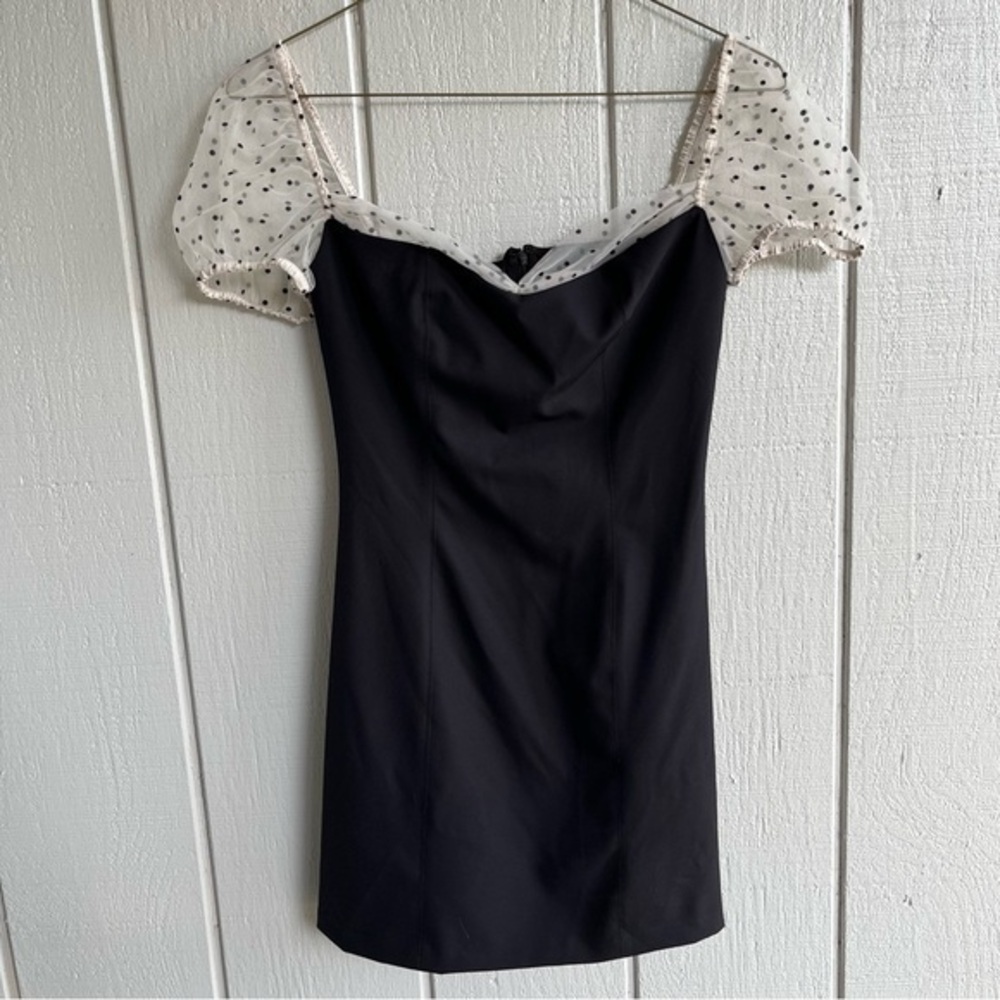 Camila Coelho Organza Puff‎ Sleeve Flocked Dot Mini Dress Black XS